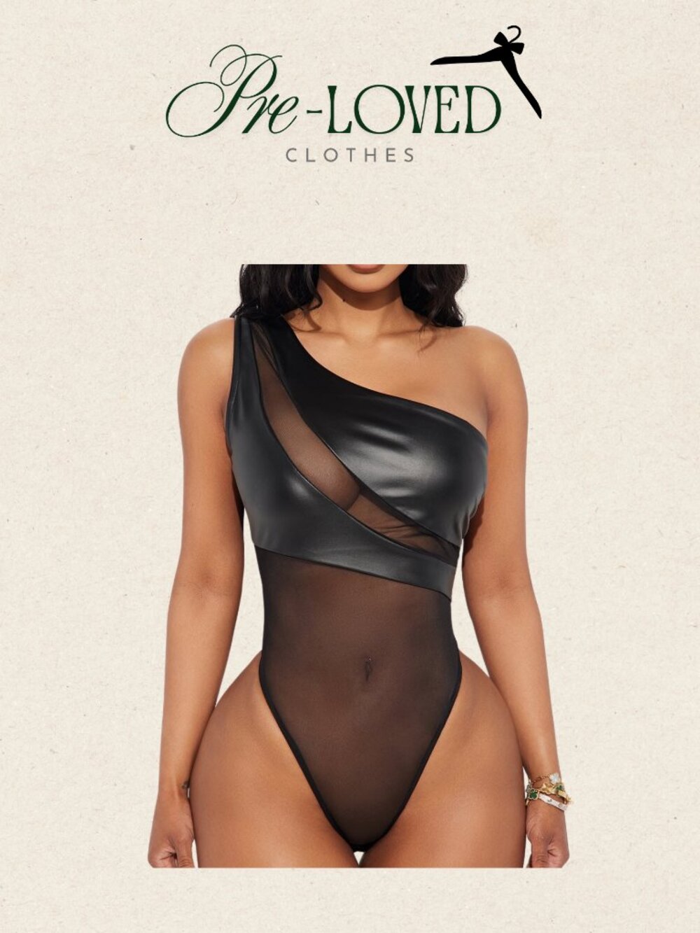 Brand New Fashion Nova One-Shoulder Faux Leather & Mesh Bodysuit